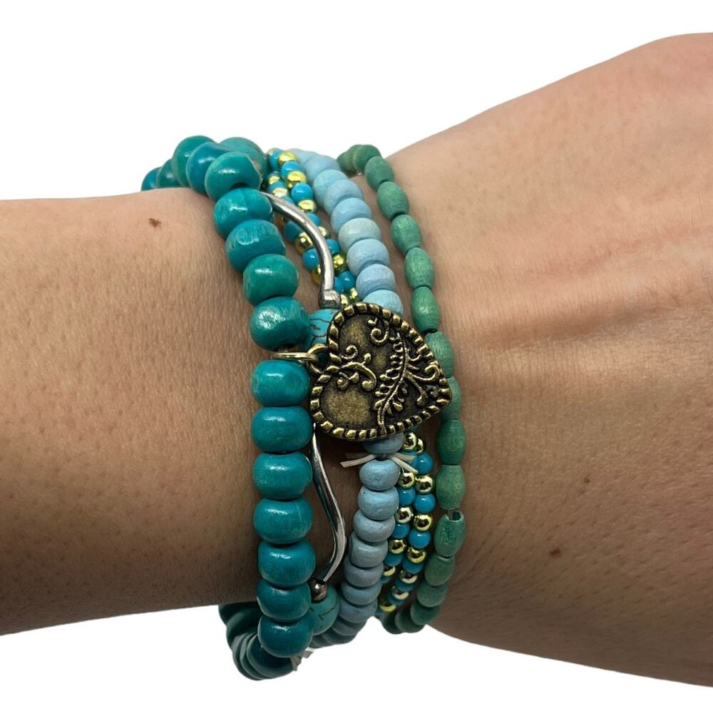 Boho Seed Bead Bracelet Set Aqua Turquoise Heart Charm Layered Stretch Stack
